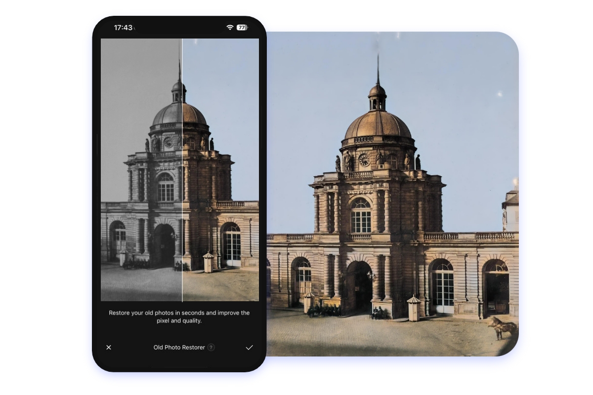 Fotor photo restoration app effect featuring an old church