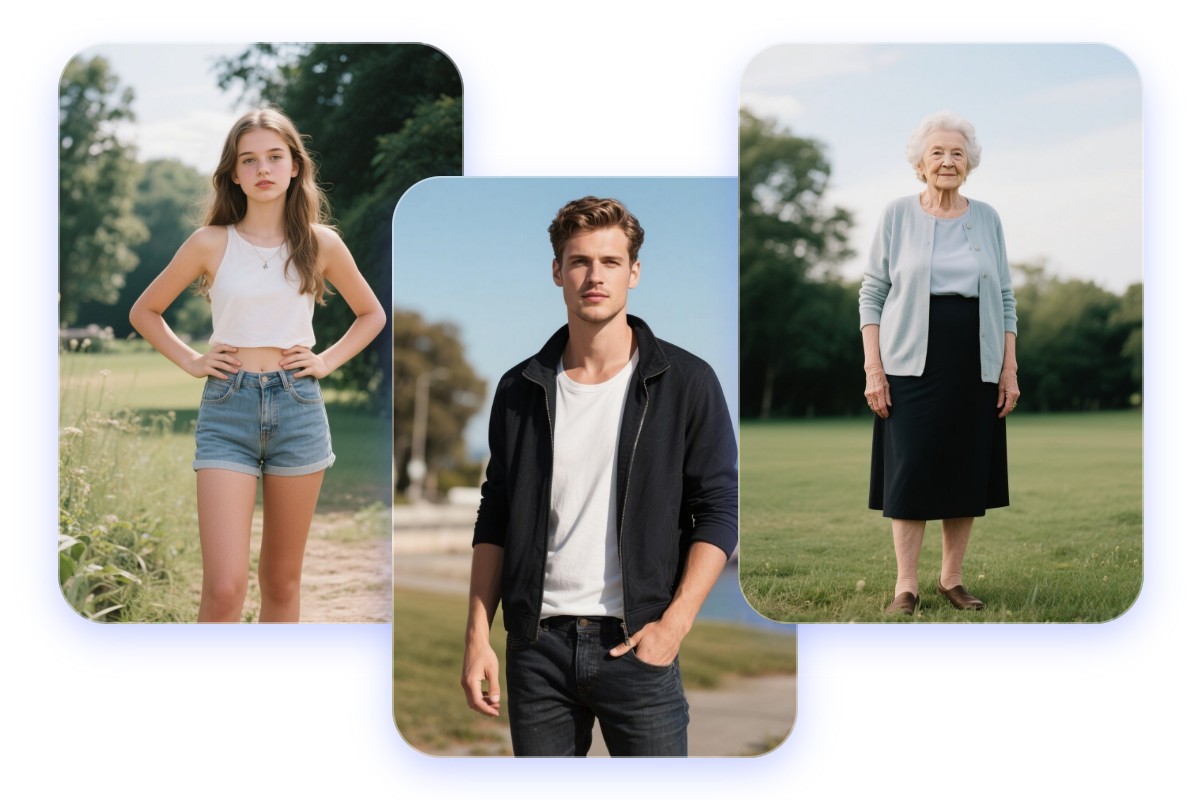 Generate AI people of different ages a young girl wearing a short sleeved shirt and shorts an adult man wearing a black jacket and a white haired old lady wearing a light blue sweater