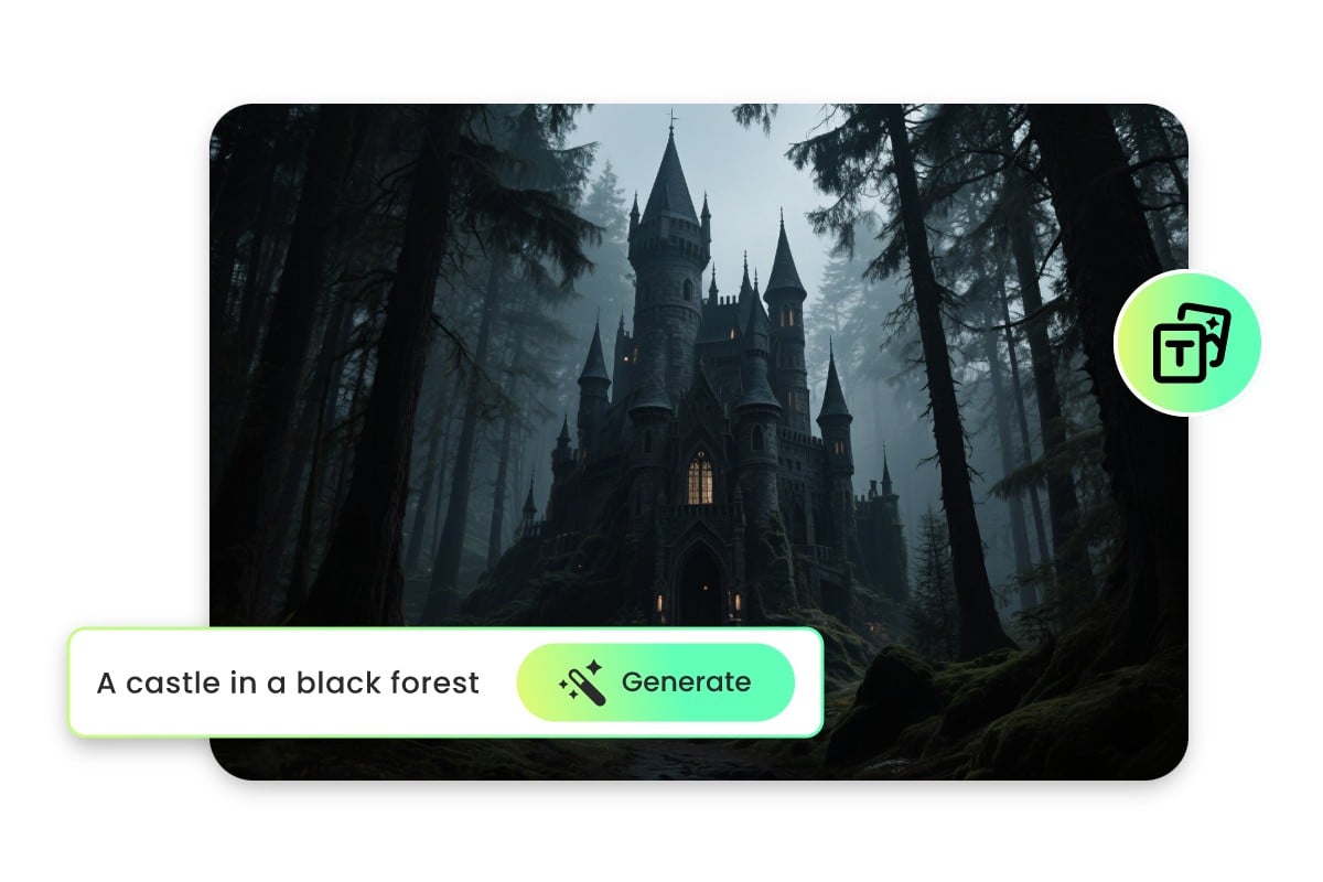Generate a castle in a black forest from text with our dark fantasy ai generator