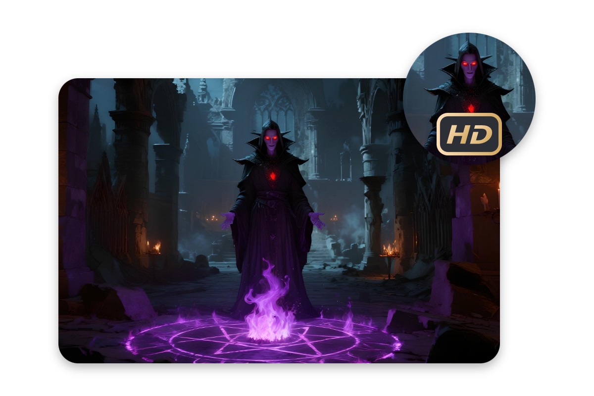 Generate a high quality image of an evil wizard creating a purple flame magic circle