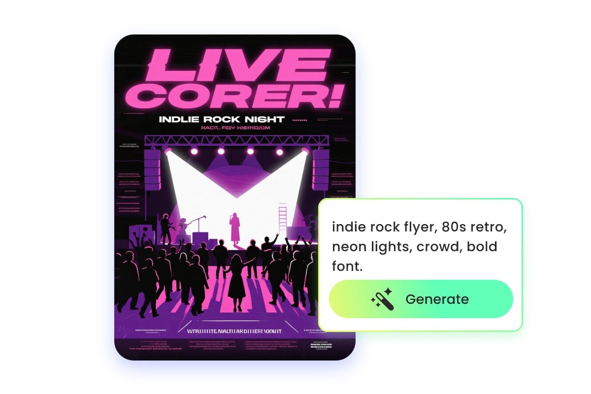 Generate an 80s retro indie rock flyer with neon lights from text