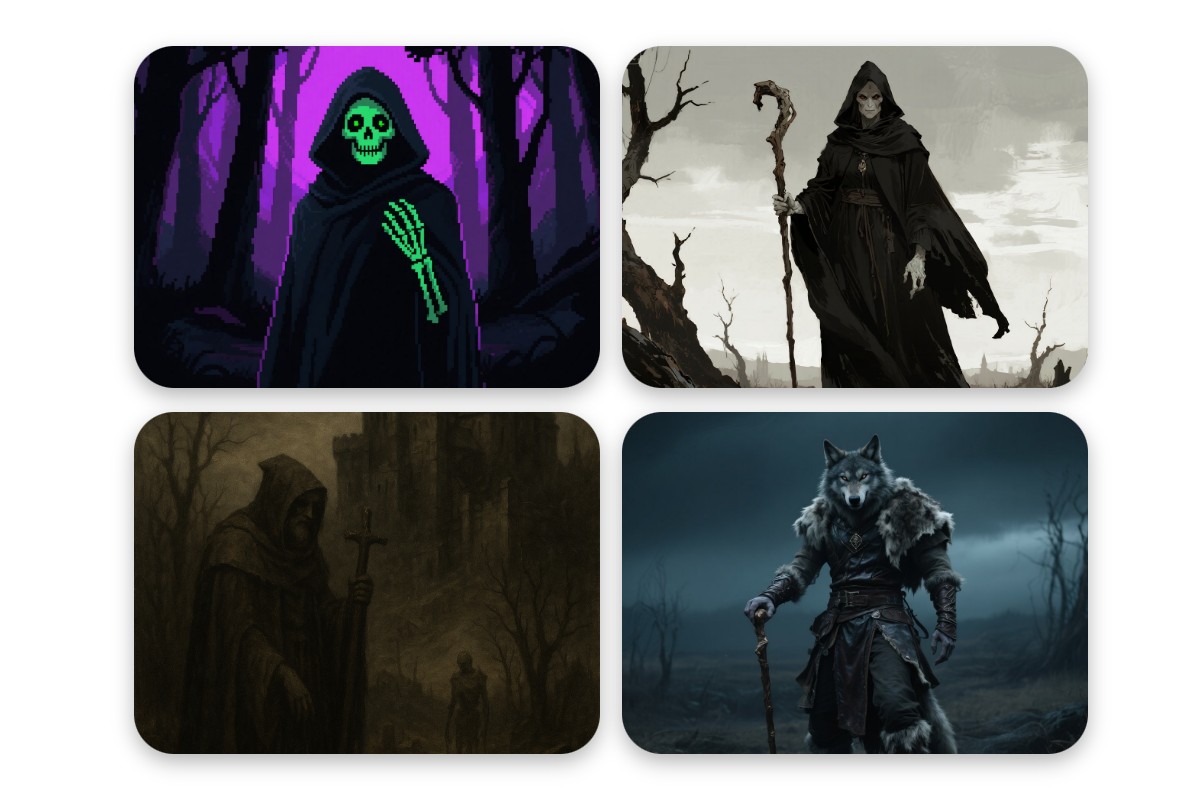 Generate dark fantasy art of different styles including pixel retro medieval and concept art