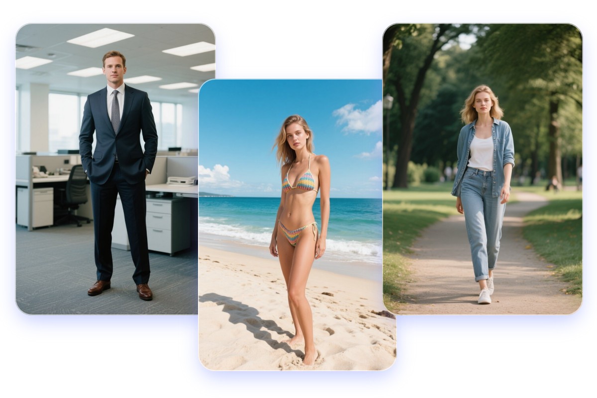 Generate different backgrounds for AI persons such as a simple office scene a sunny beach or a tree lined path in a park