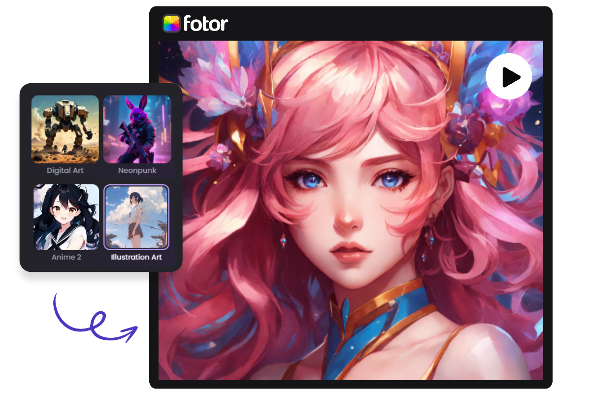 Generate female animation using fotors online AI text to animation generator