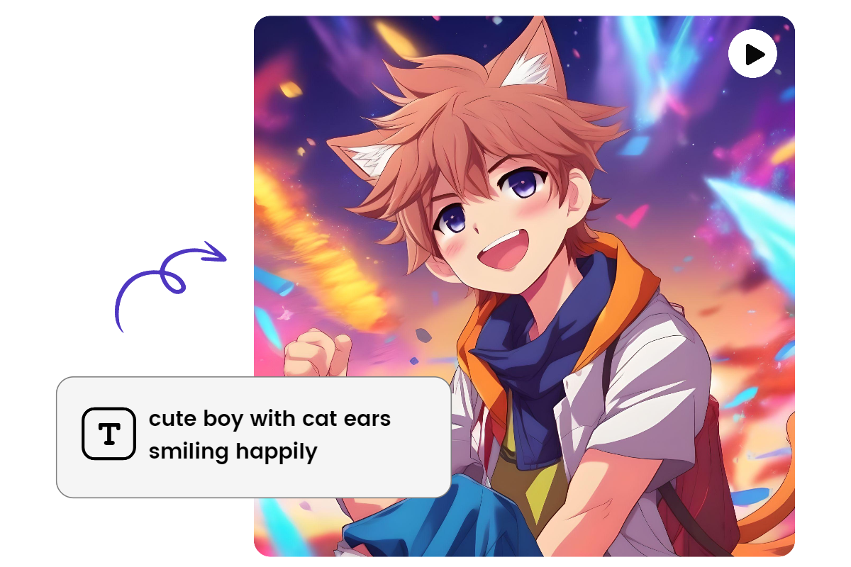 Generate the animation of boy with cute cat ears smiling from text with AI in fotor