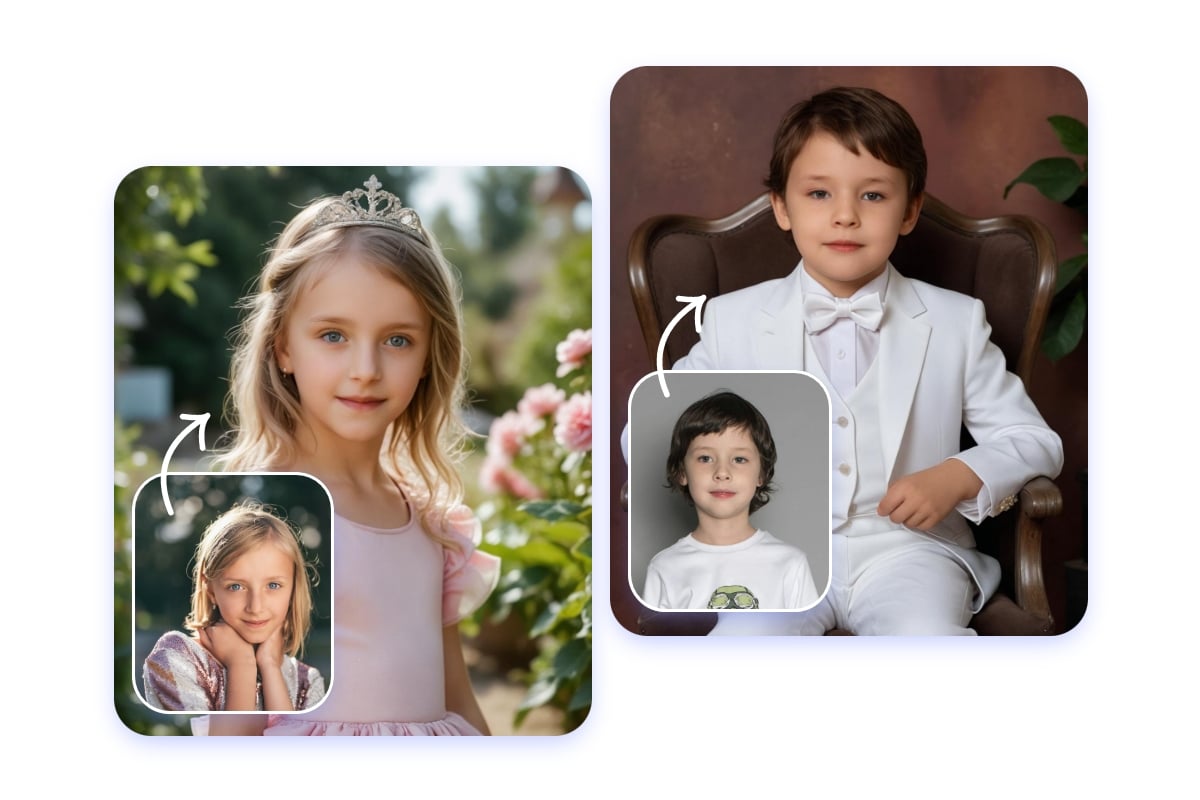 Generate two realistic AI headshots for kids