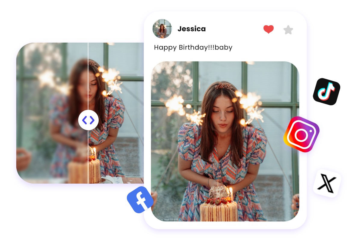 Image enhancer usage scene featuring a woman with birthday cake posted on multiple social media