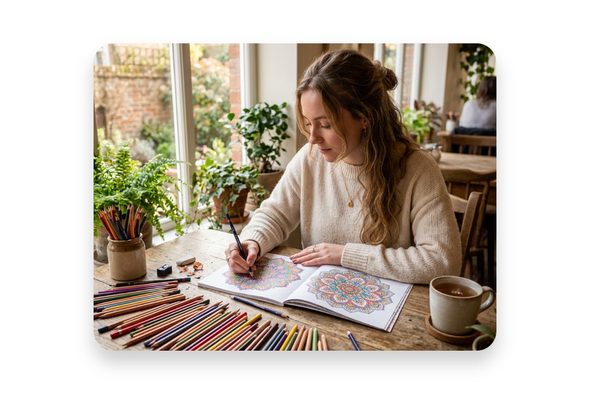 Eine Frau malt mit vielen Stiften ihre Malvorlage