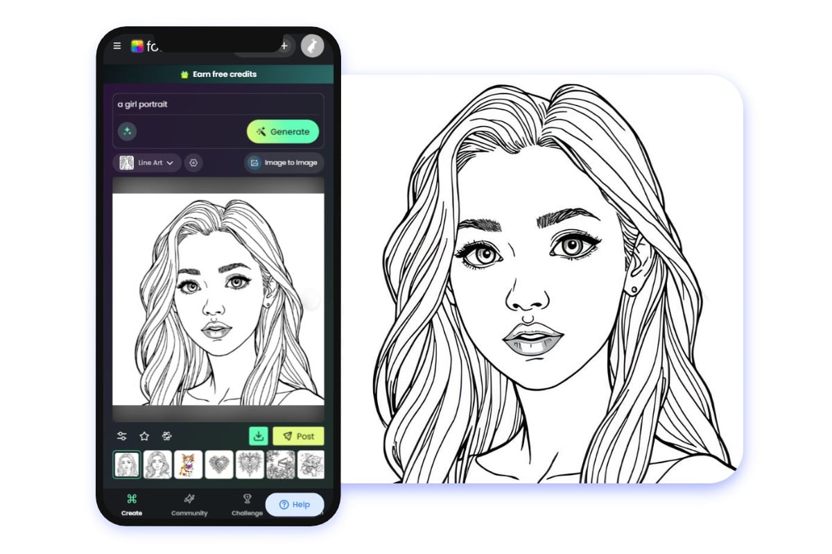 Line art portrait on Fotor app
