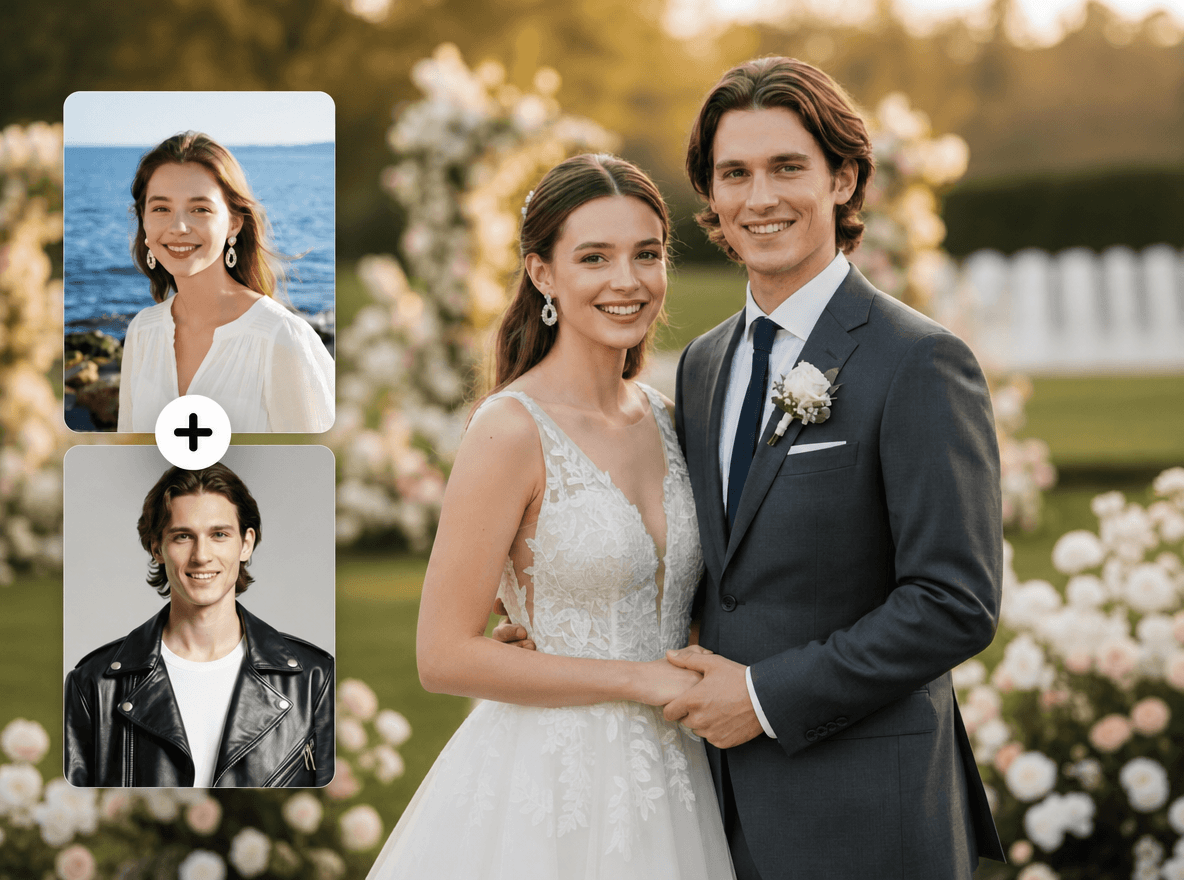 Make AI wedding photo from two photos for the young couple