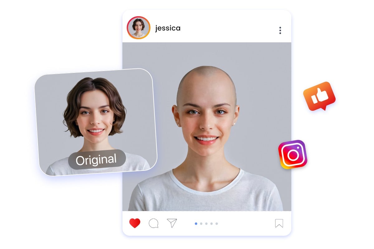 Machen Sie ein schoenes Maedchen mit kurzen Haaren glatzkoepfig und teilen Sie das Bild in den sozialen Medien