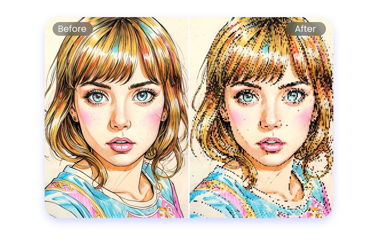 Make a girl potrait line drawing into pixel art with mosaic filter