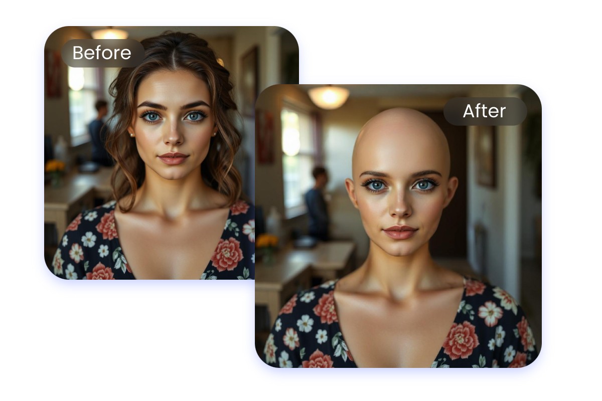 Verpassen Sie einer Frau mit langen lockigen Haaren eine Glatze