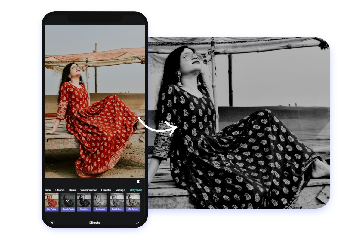 Make a photo of a girl in red dress black and white on fotor photo editor app