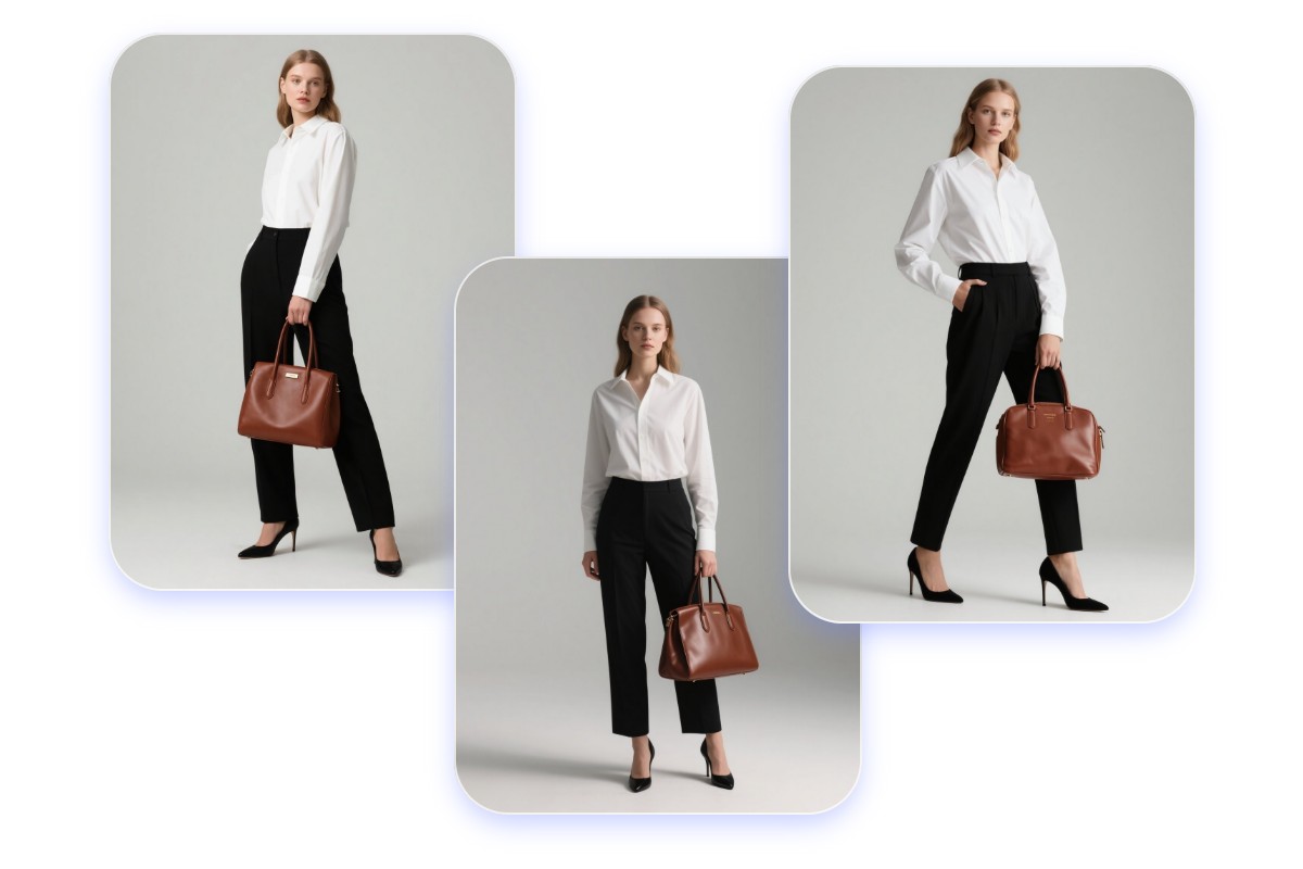 Make an ai girl wearing a white shirt black pants and carrying a brown leather bag pose in three different ways
