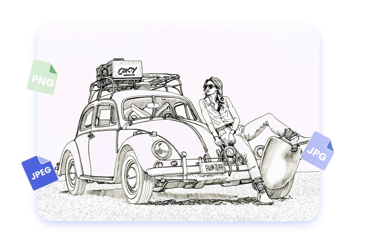 Unser Ausmalbild-Generator unterstützt die Bearbeitung von Bildern in verschiedenen Formaten wie JPEG, JPG und PNG