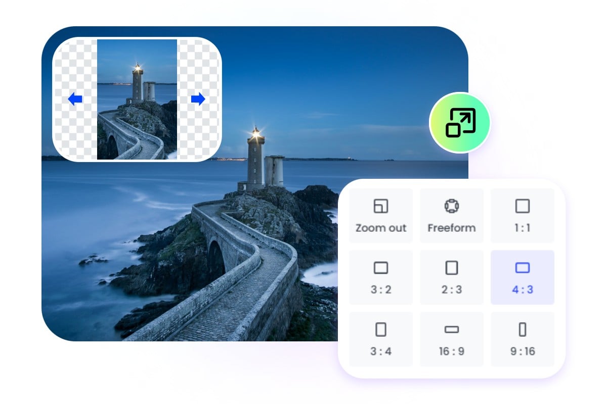 Outpaint a 9:16 image of a seaside lighthouse to 4:3