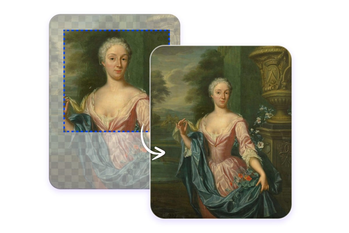 Outpaint a medieval woman oil painting to a comlete image