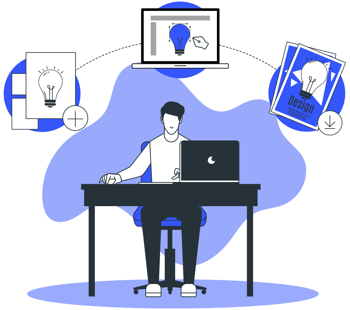 Un homme travaille avec un ordinateur sur un bureau avec trois images d'ampoules sur la tête
