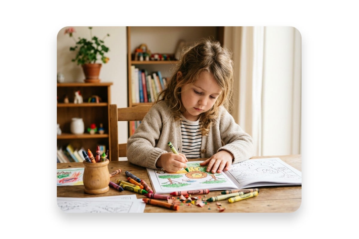 Ein kleines Mädchen malt ein Ausmalbild