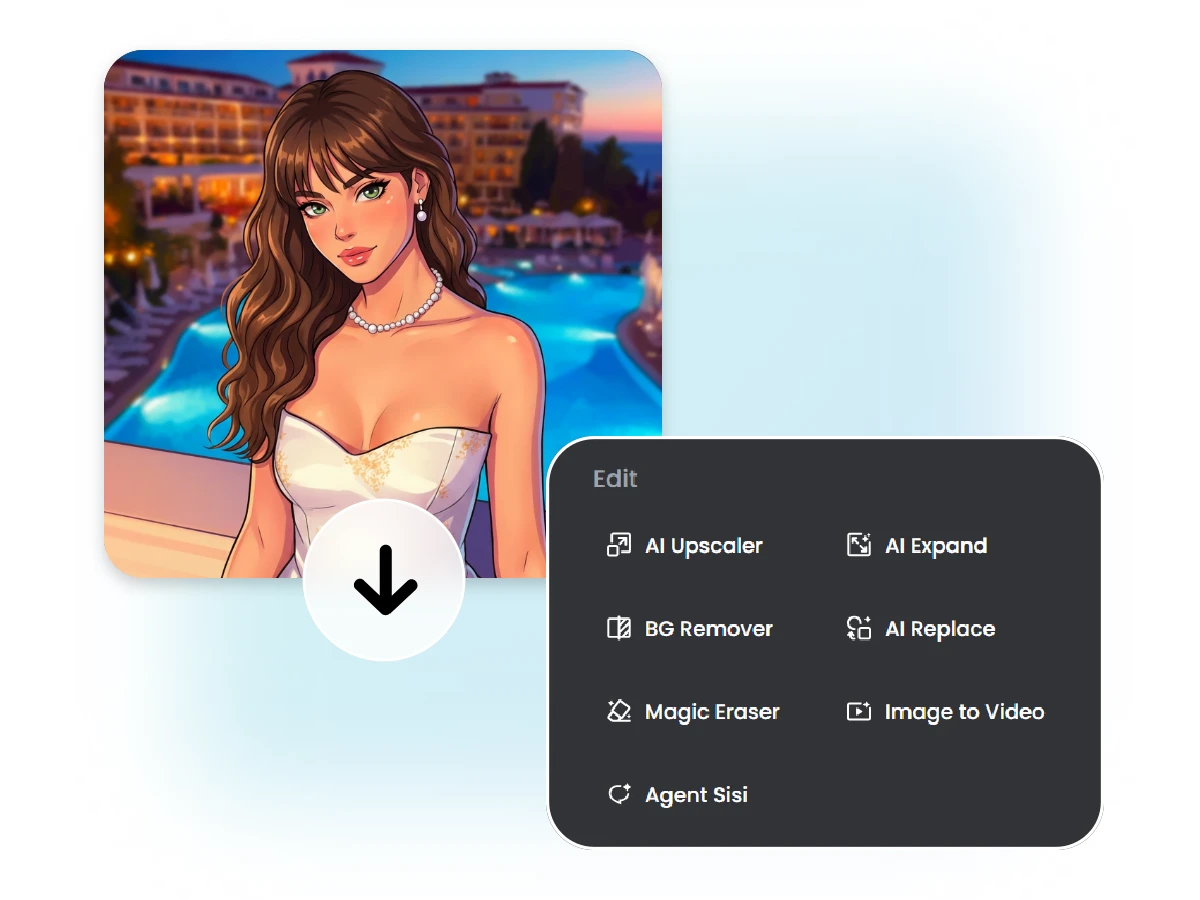 Previewing the newly generated AI image with options to download or continue editing