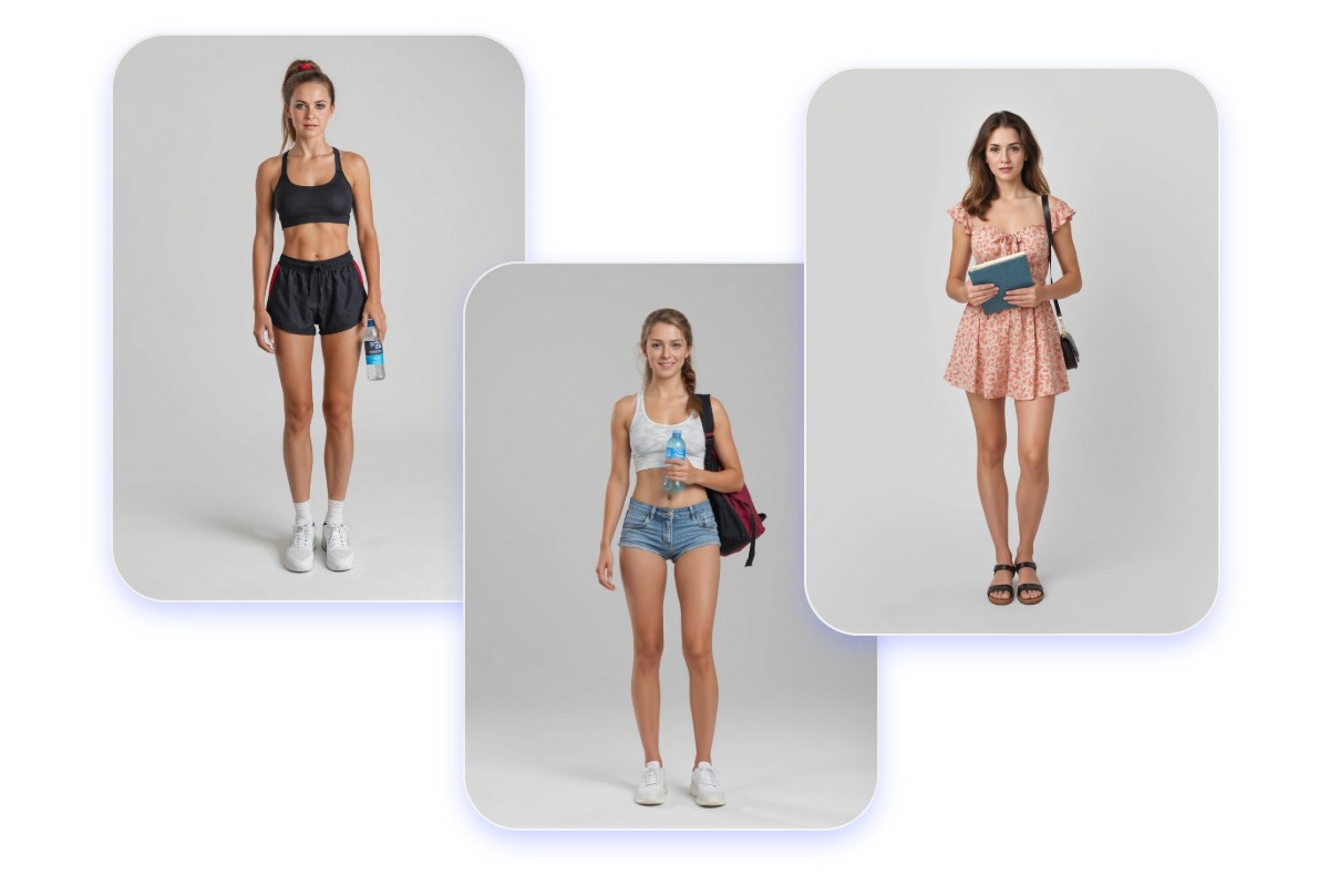 Randomly generate three school girls with summer dress holding water or book in hand