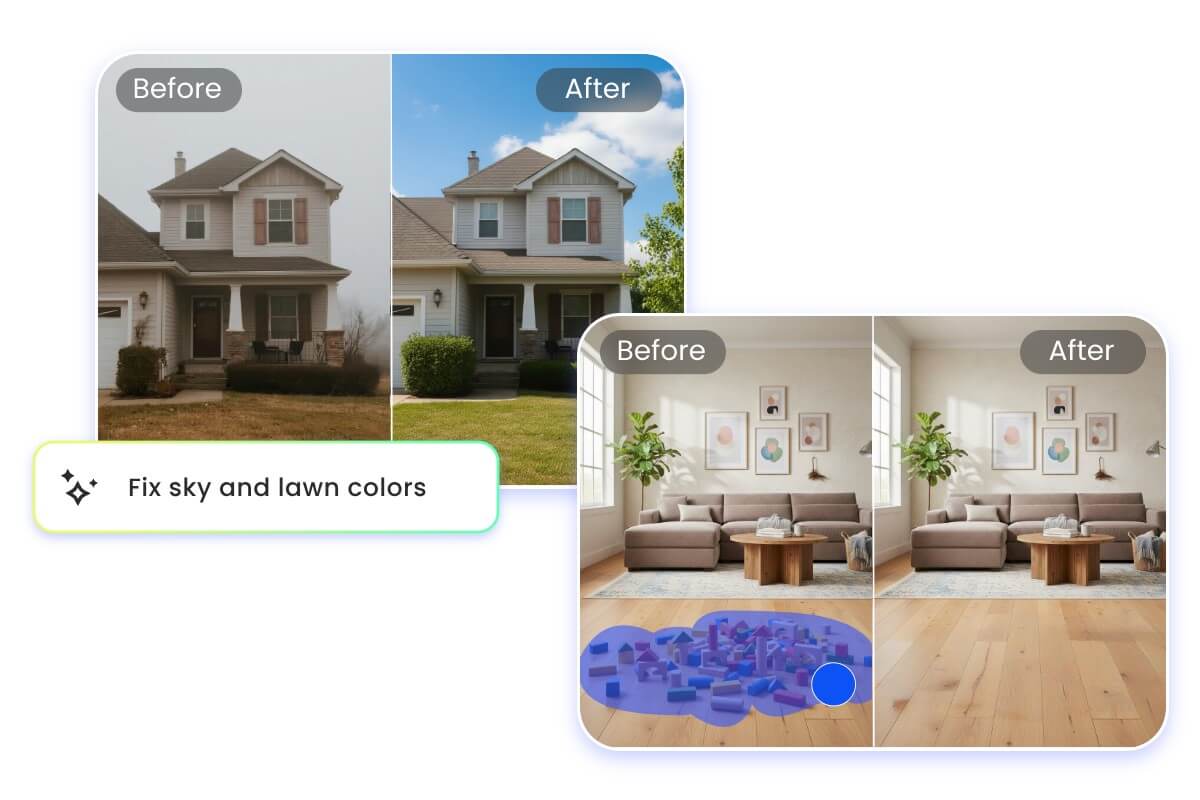 Real estate photos edited with AI to replace sky and grass outdoors and remove clutter indoors