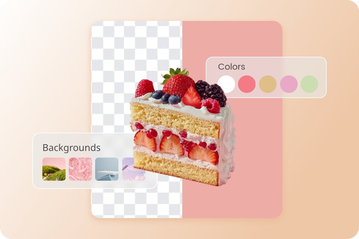 Remove and change background of a cake photo with preset colors and background options