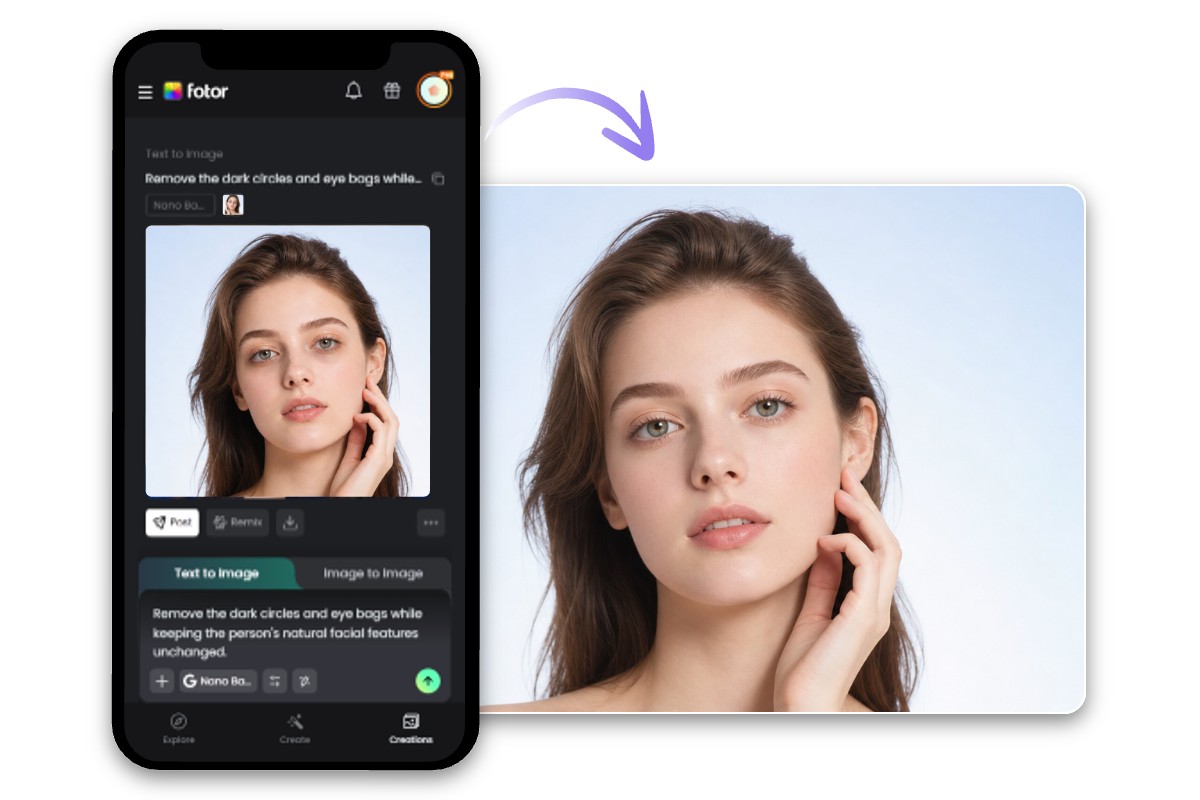 Remove dark circles from the female portrait on the phone