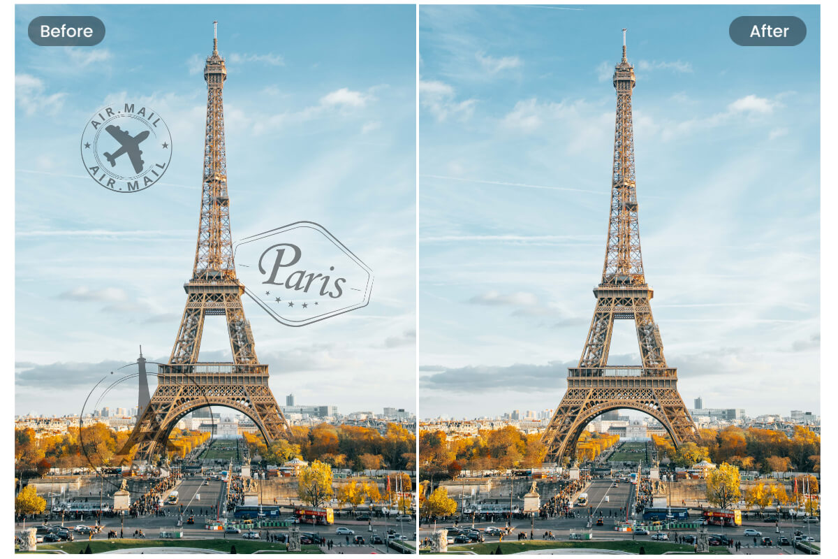 Rimuovere tre filigrane del timbro postale dalla cartolina della Torre Eiffel