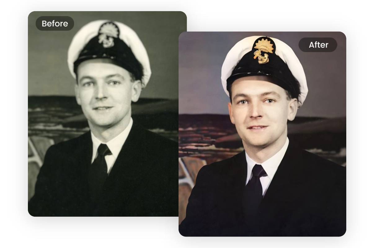 Restore old black and white photo with realistic colors using Fotor AI image restoration tool