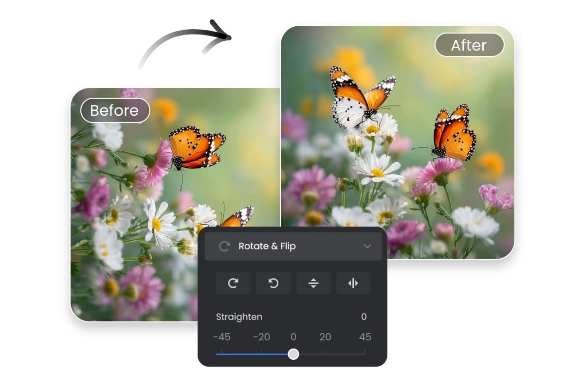 Before and after image showing a sideways photo corrected by rotating the image 90 degrees