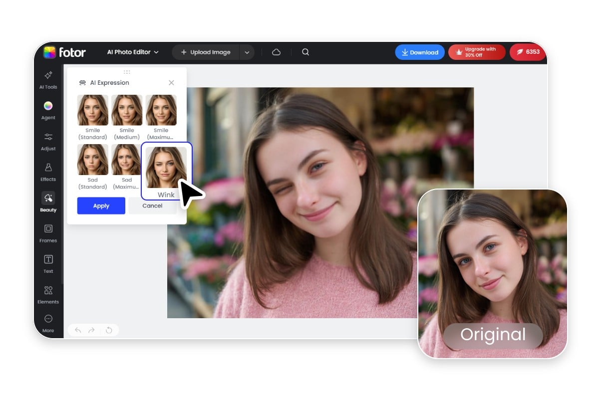 Screenshot showing Fotor facial expression changer interface