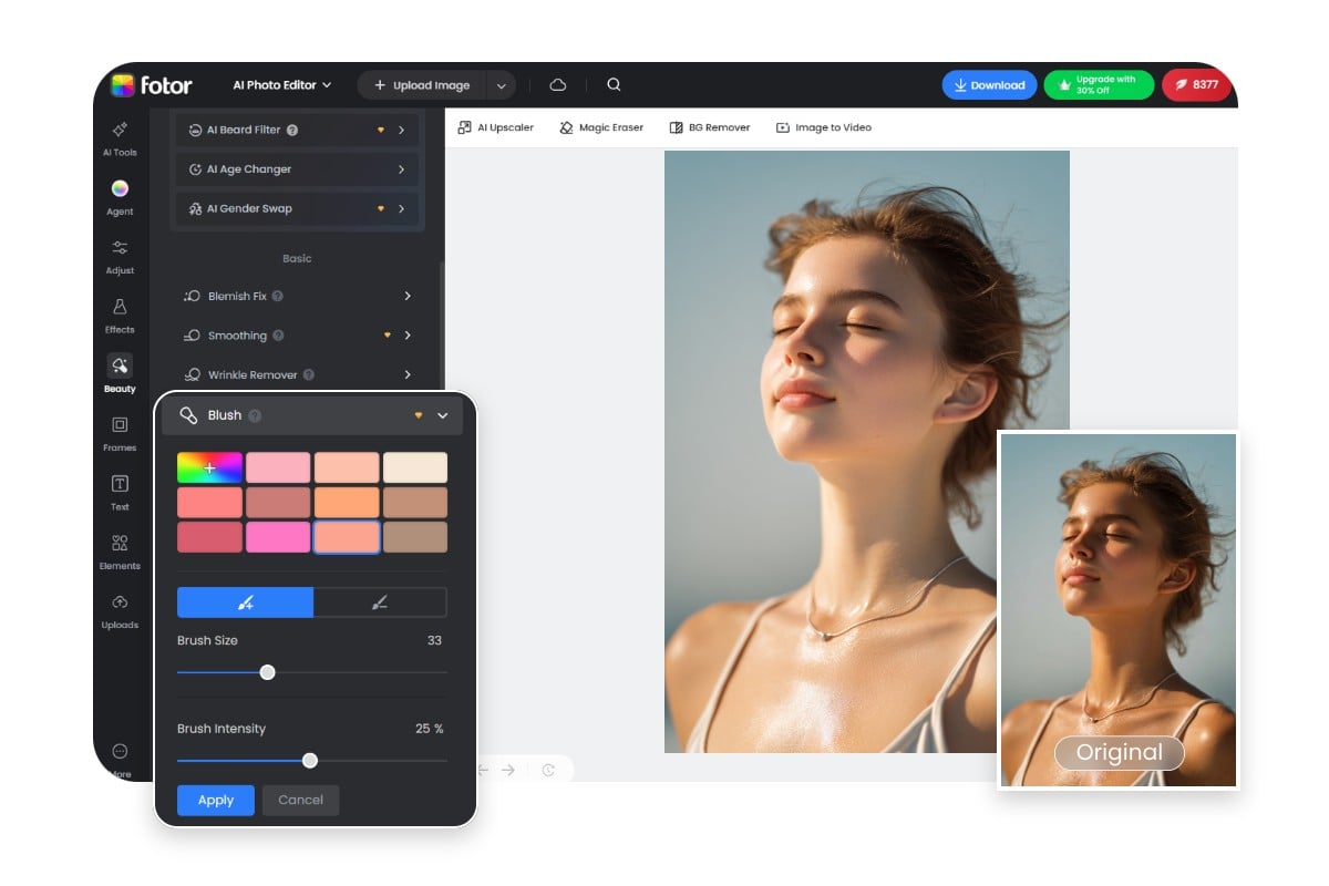 Screenshot showing how to change skin color with Fotor