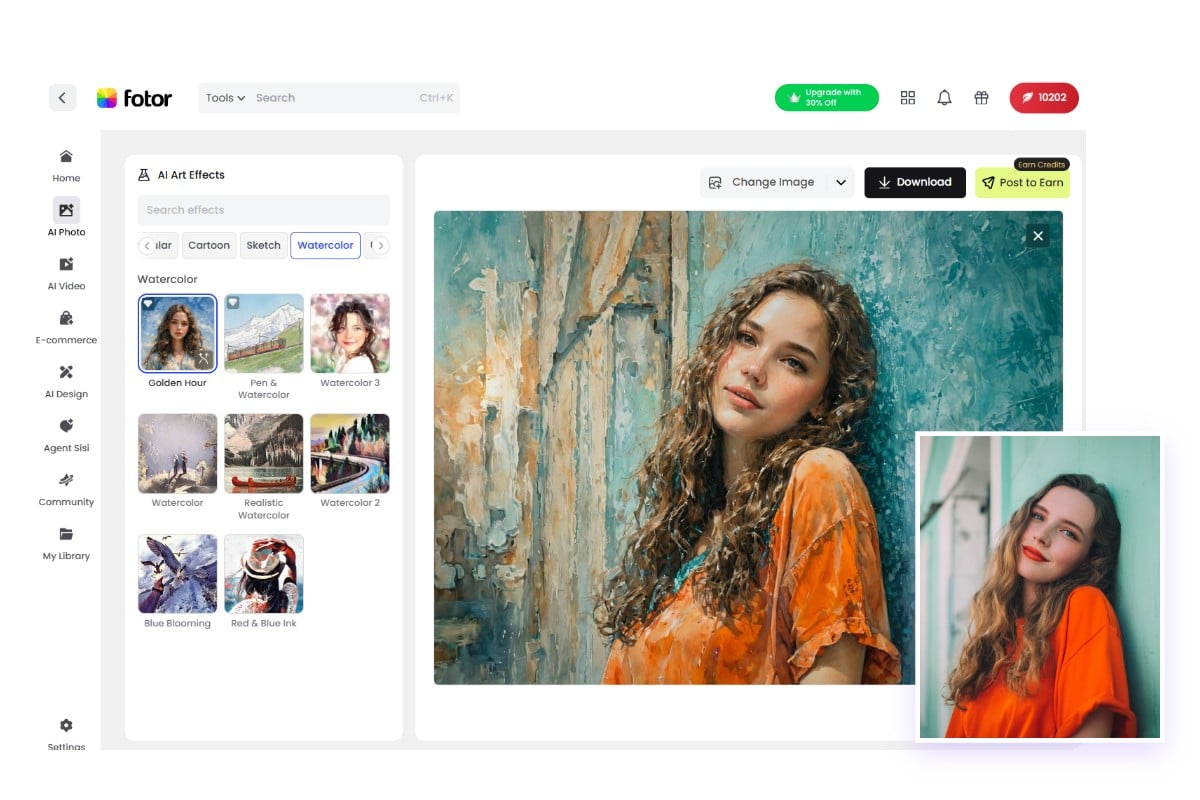 Screenshot showing how to turn a photo into a watercolor painting with Fotor watercolor filter