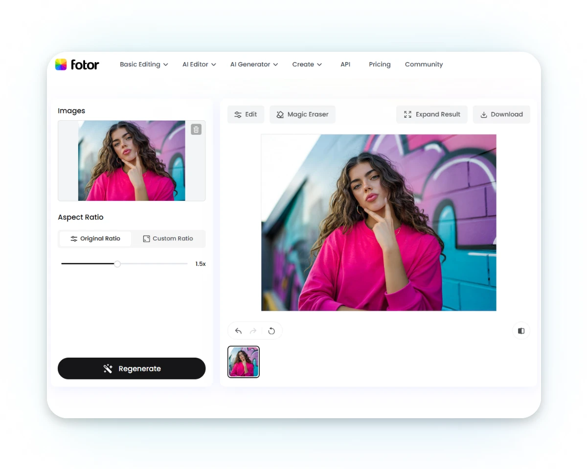 Screenshot showing the upload interface of the AI image extender with a drag and drop zone
