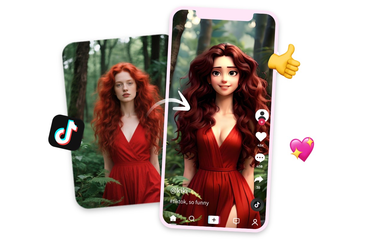 Share a pixar style image of a long red curly hair girl in red dress on tiktok
