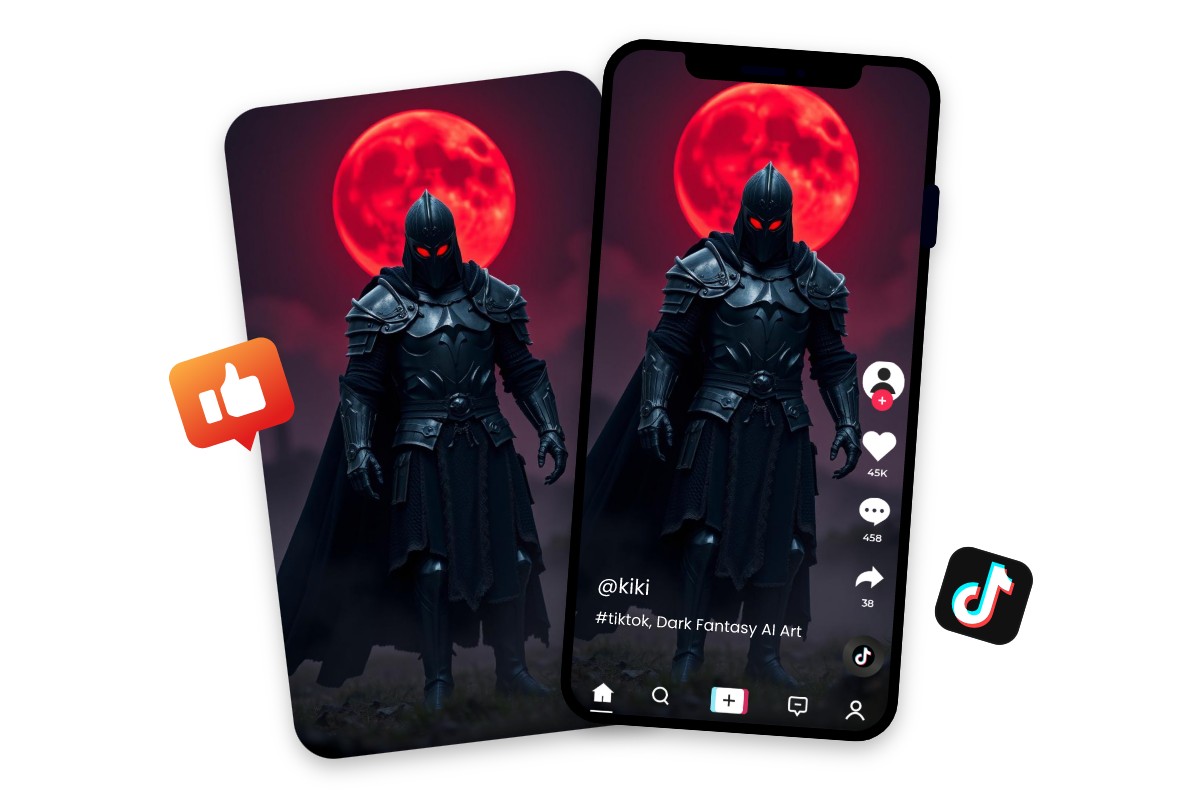 Share the dark fantasy knight image with a background of a red moon image on tiktok