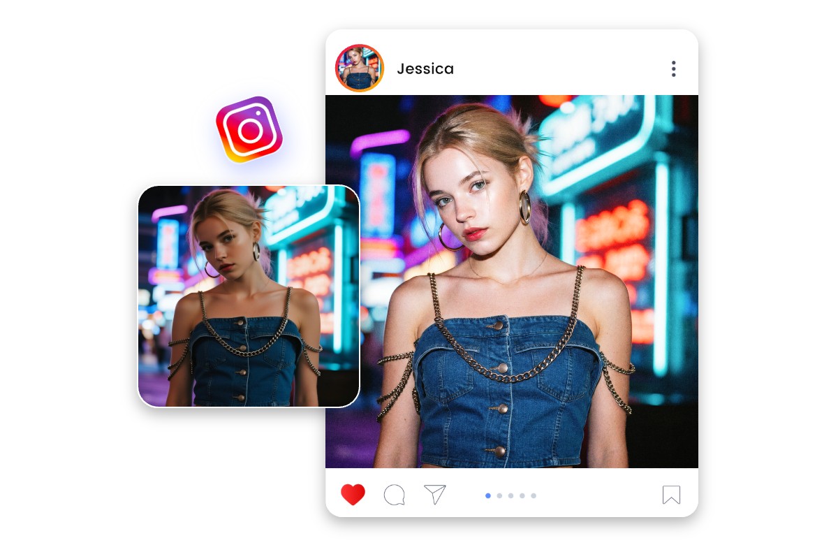 Share the girl portrait with flash effect on Instagram