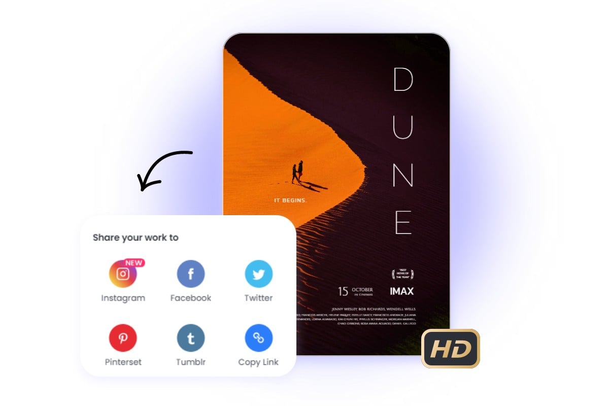 Share your HD movie poster to Instagram, facebook, twitter, and etc.