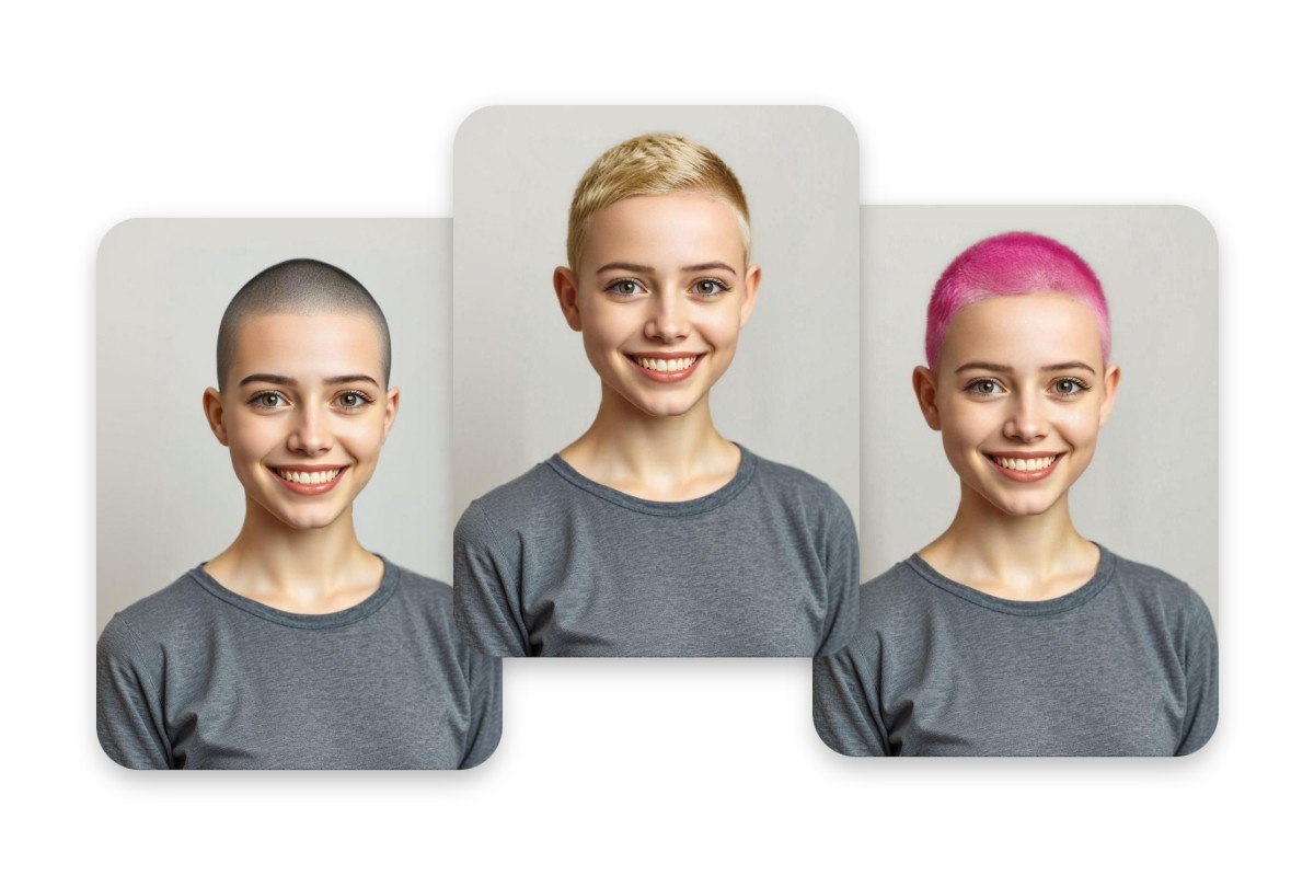 Show three buzz cut colors including black buzzcut bleached buzz cut and pink buzzcut