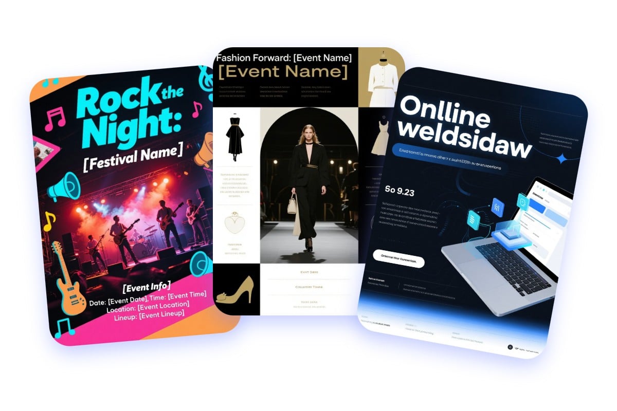 Show three event flyers a rock festival flyer a fashion show flyer and a marketing flyer