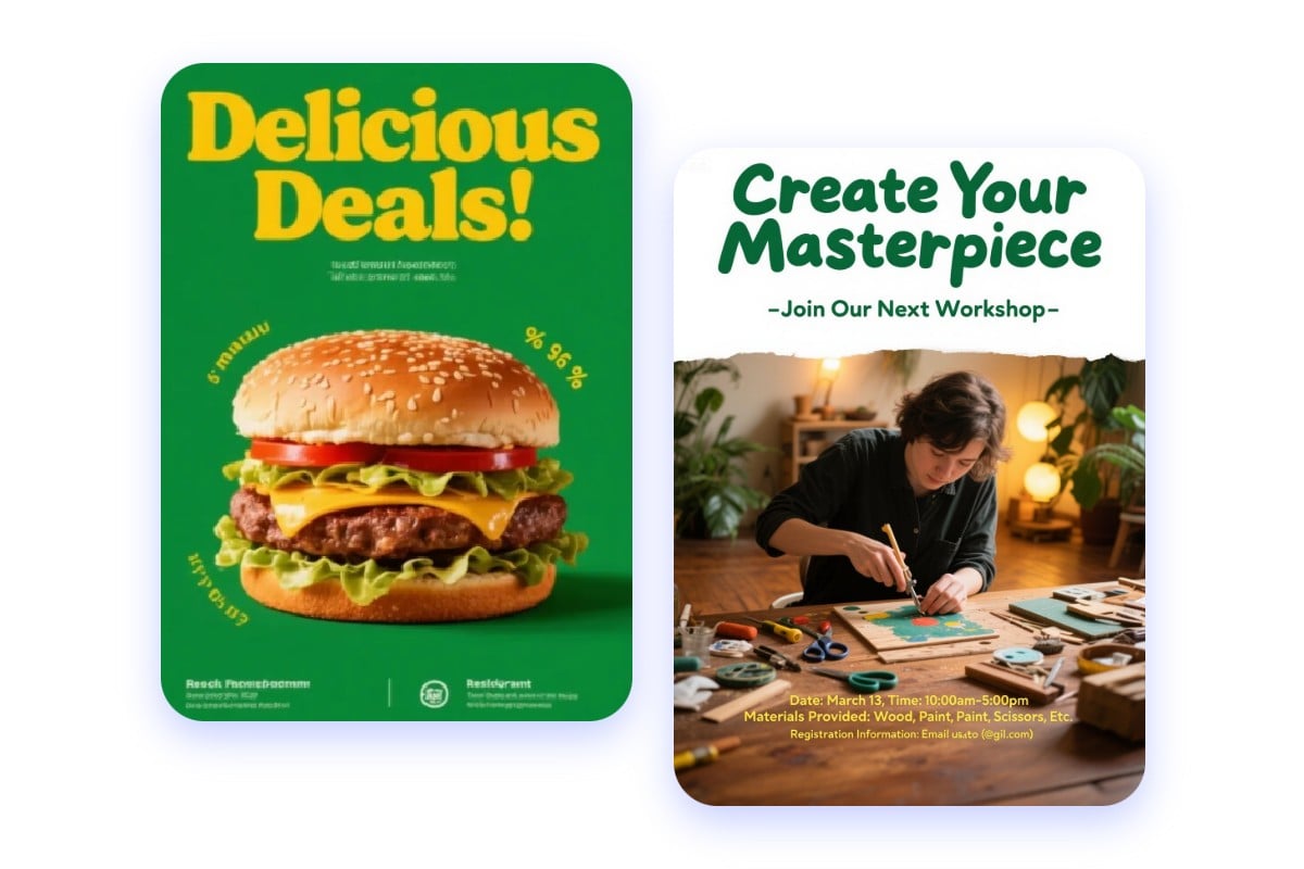 Show two ai generated flyers a sale flyer with a hamburger image and green background and a drawing course flyer with an image of a drawing woman and a lot of pencils