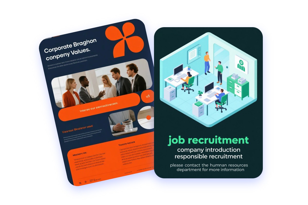 Show two business flyers a company meeting flyer and a job recruitment flyer