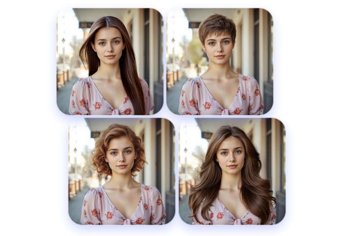 Showcase four different hairstyles of a beautiful ai girl with floral dress including long straight hair pixie cut curly bob and long wavy hair