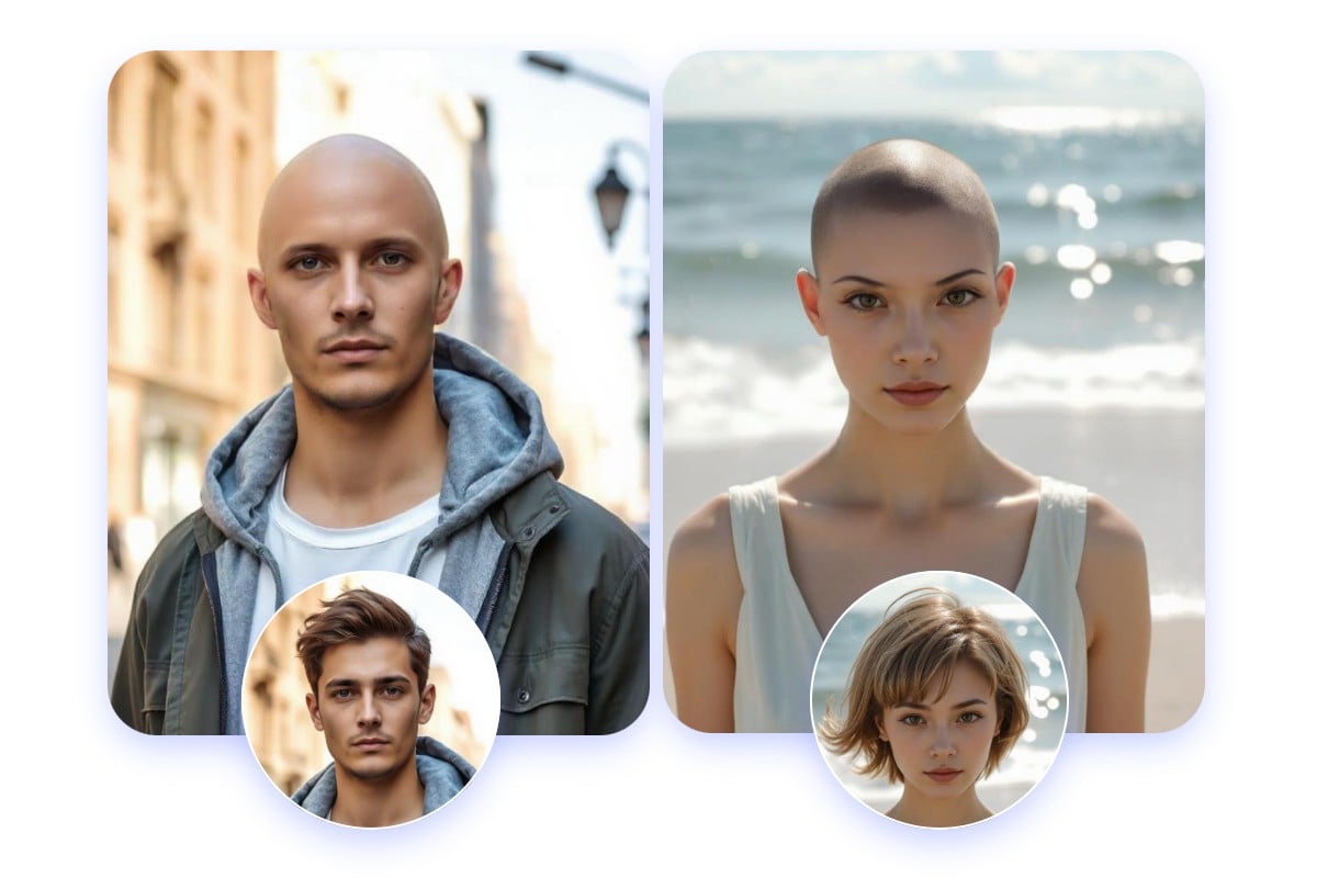 Zeigen Sie das Foto eines Mannes und einer Frau mit Fotors Glatzen-Filter