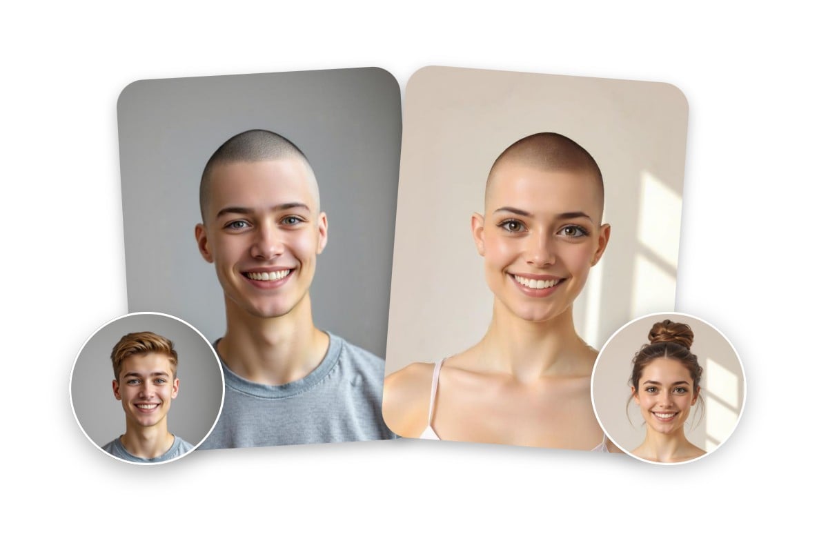 Showing a man and a woman with a buzz cut before and after