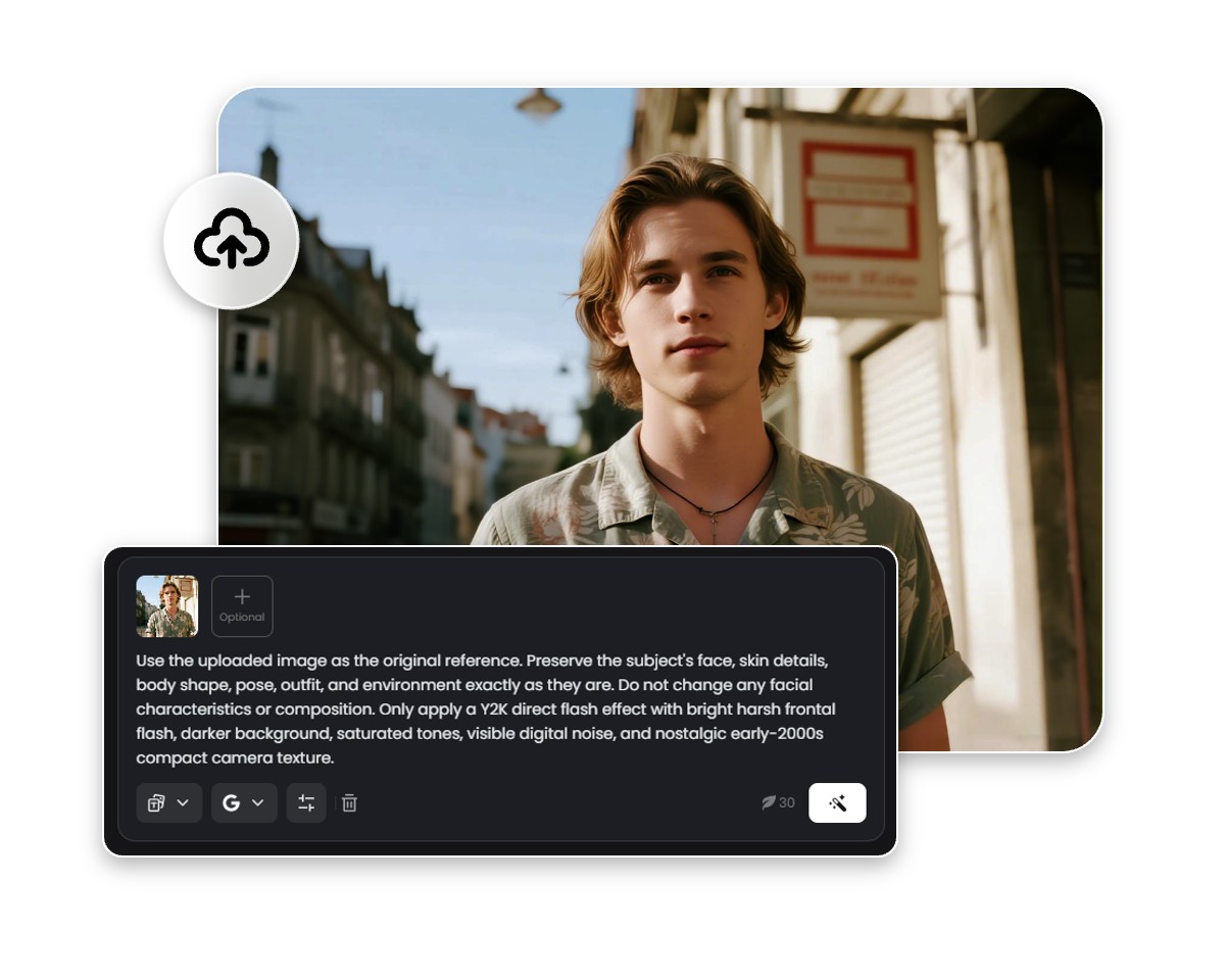 Step one upload a young man portrait and input flash effect prompt to Fotor