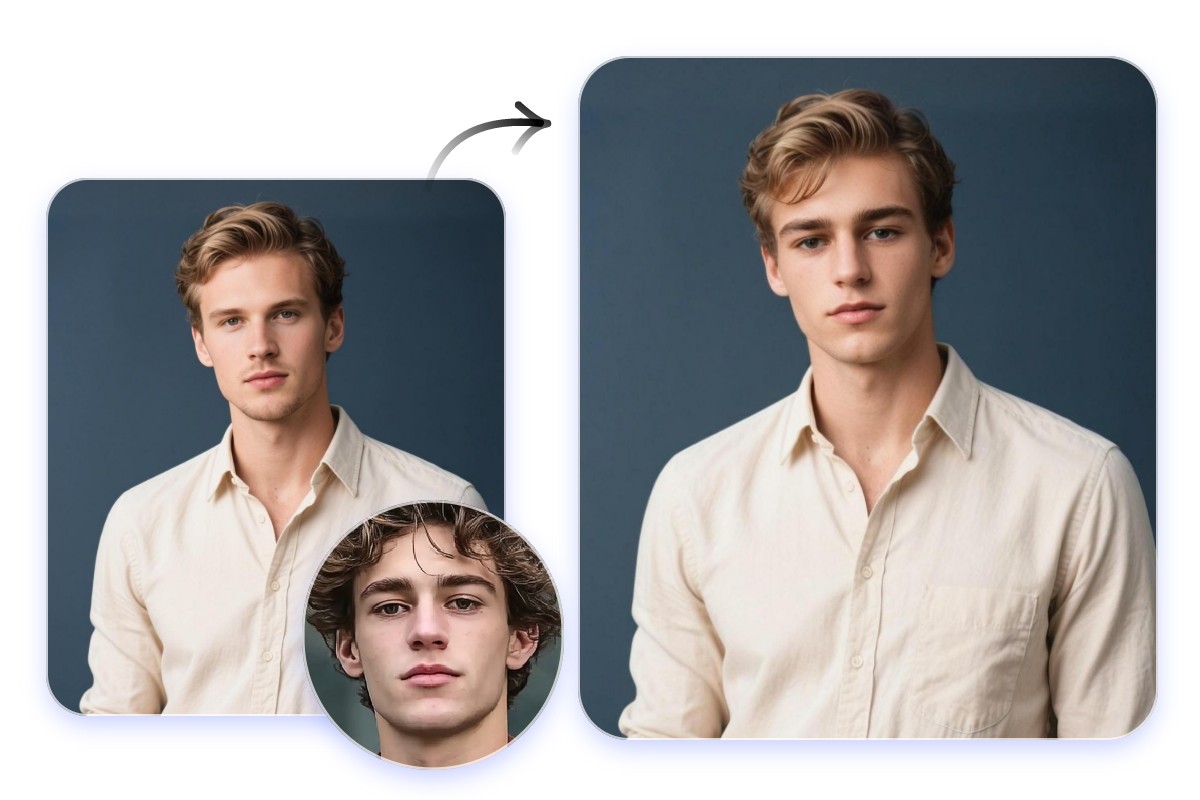 Swap a mans face onto a ai man with white t shirt and gray background