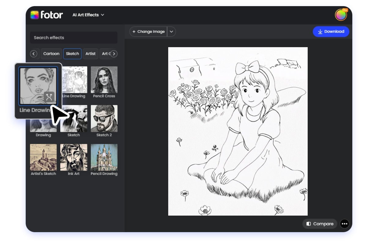 Benutzeroberfläche zur Umwandlung eines Bildes eines kleinen Mädchens mit Schleife in ein Ausmalbild mit dem KI-Bildgenerator von Fotor